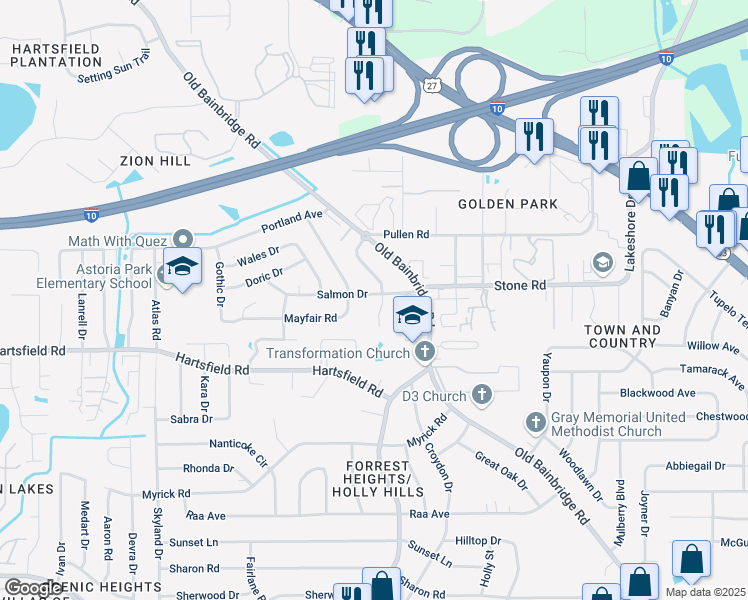 map of restaurants, bars, coffee shops, grocery stores, and more near 2422 Willamette Road in Tallahassee