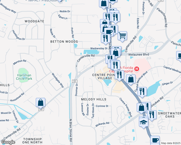 map of restaurants, bars, coffee shops, grocery stores, and more near 2255 Centerville Road in Tallahassee