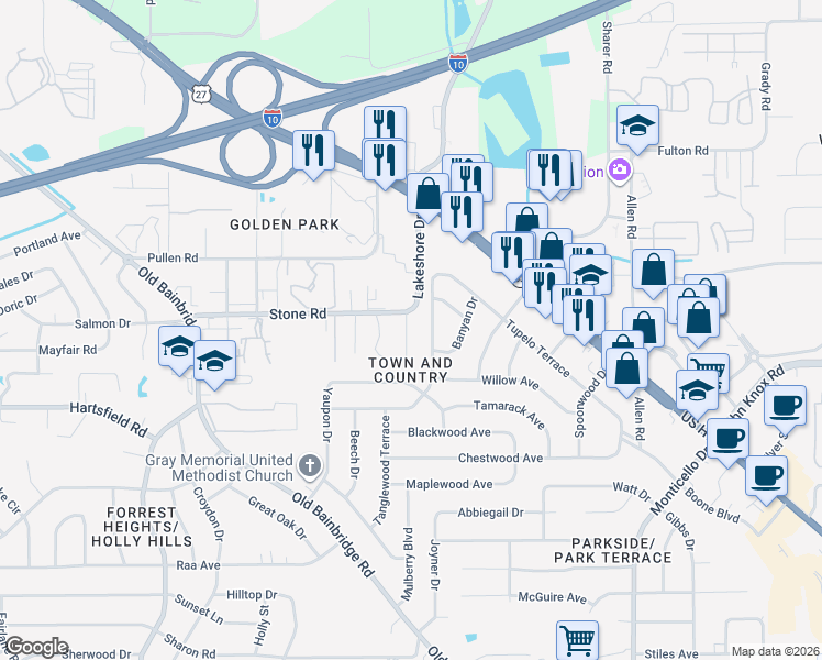 map of restaurants, bars, coffee shops, grocery stores, and more near 2419 Ramblewood Court in Tallahassee