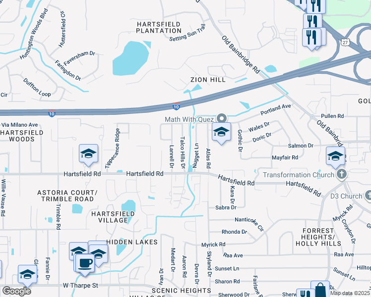 map of restaurants, bars, coffee shops, grocery stores, and more near 2444 Talco Hills Drive in Tallahassee