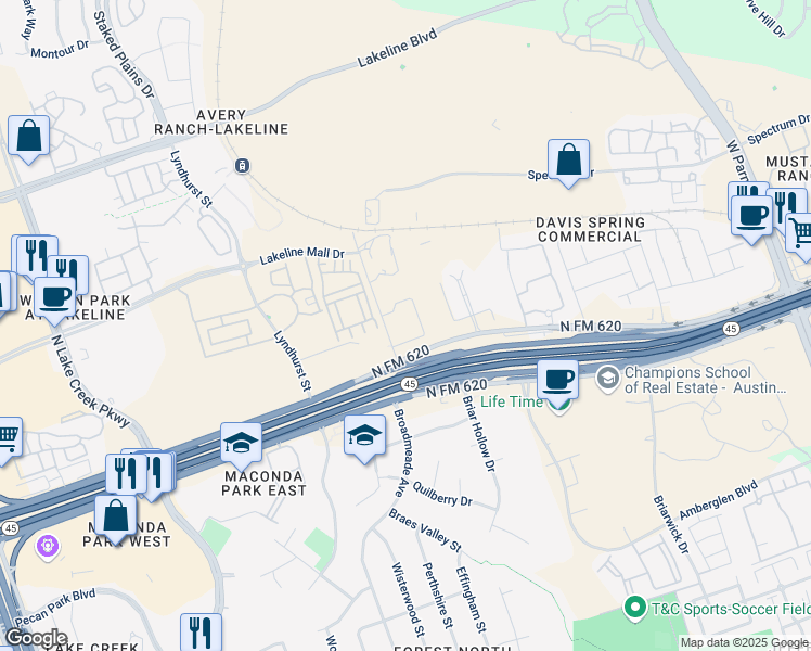 map of restaurants, bars, coffee shops, grocery stores, and more near 13501 Leaton Cove in Austin