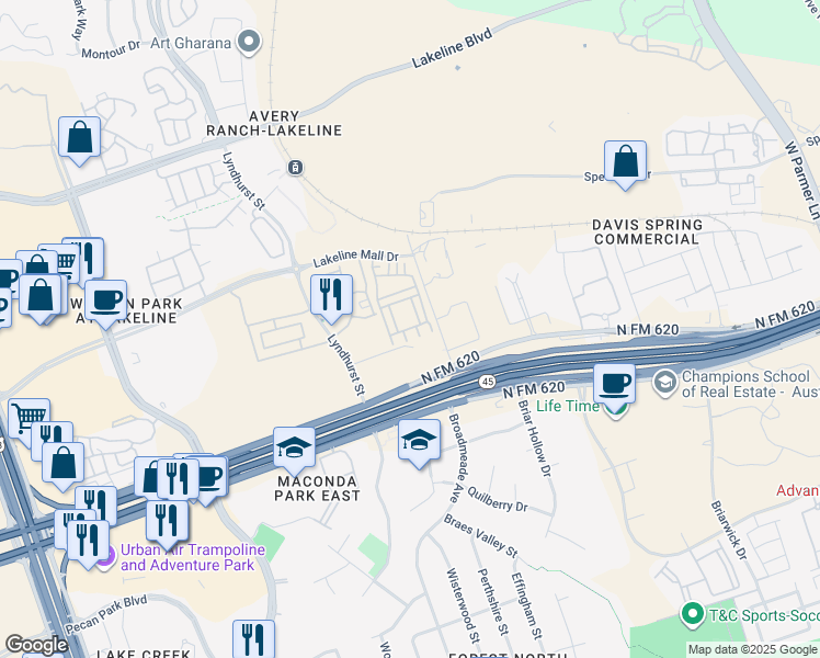 map of restaurants, bars, coffee shops, grocery stores, and more near 13504 Martin Scott Cove in Austin