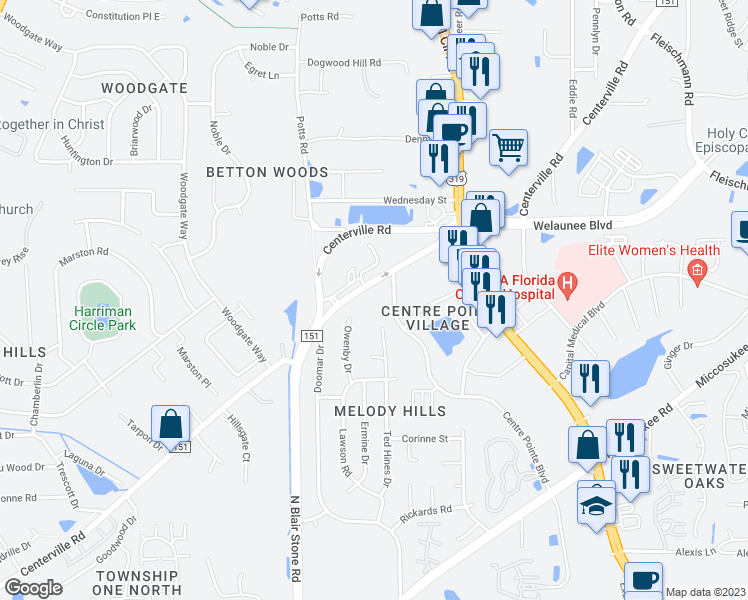 map of restaurants, bars, coffee shops, grocery stores, and more near 2255 Centerville Road in Tallahassee