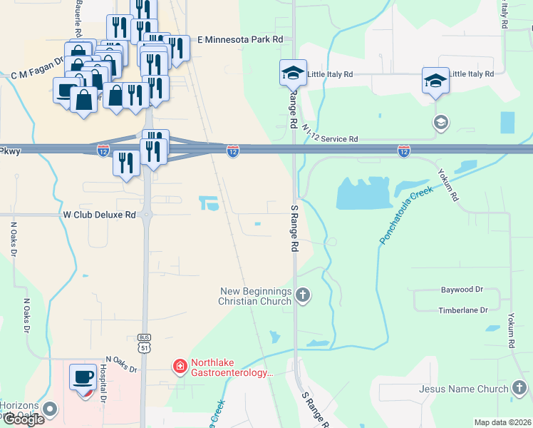 map of restaurants, bars, coffee shops, grocery stores, and more near 16213 East Club Deluxe Road in Hammond