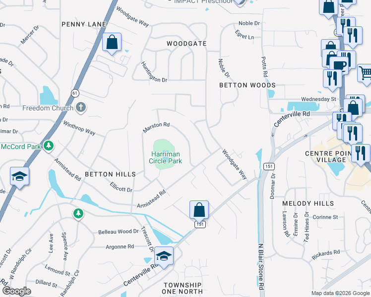 map of restaurants, bars, coffee shops, grocery stores, and more near 2609 Marston Road in Tallahassee