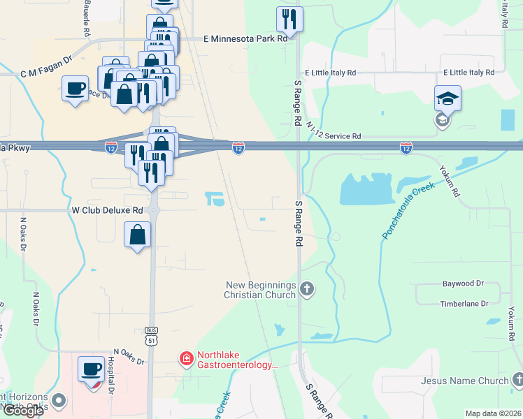 map of restaurants, bars, coffee shops, grocery stores, and more near 16213 East Club Deluxe Road in Hammond