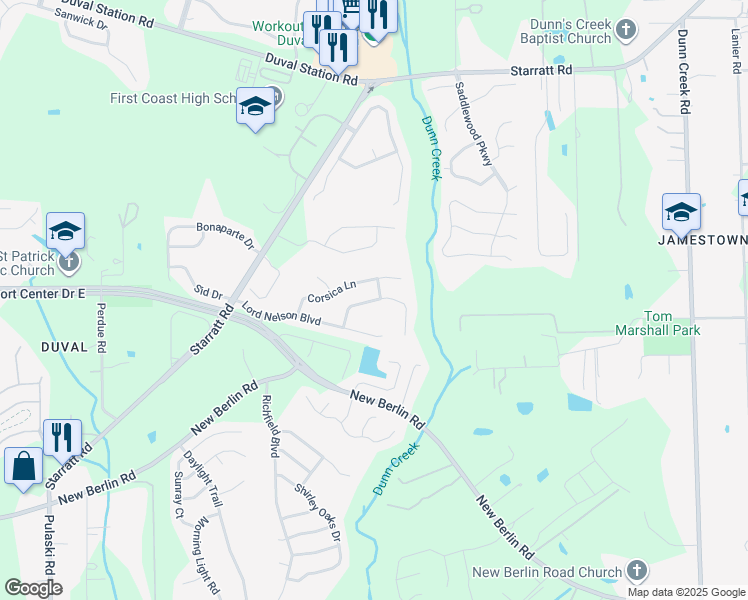 map of restaurants, bars, coffee shops, grocery stores, and more near 13052 Notre Dame Lane in Jacksonville