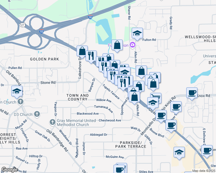 map of restaurants, bars, coffee shops, grocery stores, and more near 2509 Tupelo Terrace in Tallahassee