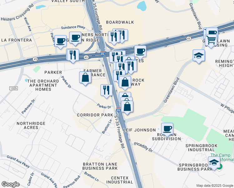 map of restaurants, bars, coffee shops, grocery stores, and more near 5800 North Interstate 35 Frontage Road in Austin
