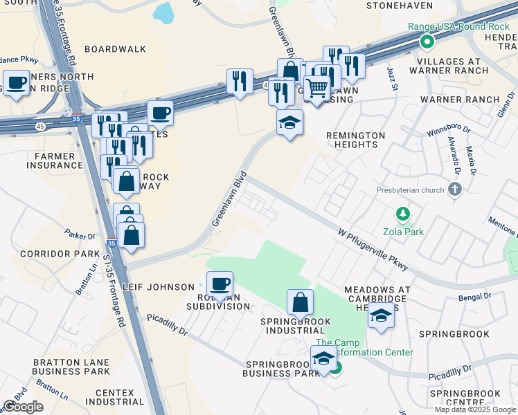 map of restaurants, bars, coffee shops, grocery stores, and more near 2401 West Pflugerville Parkway in Round Rock