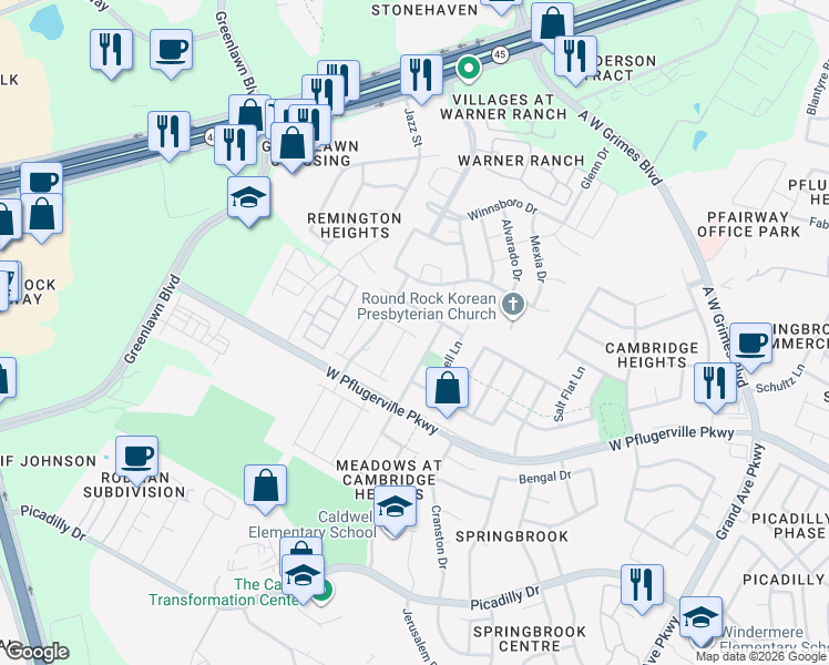 map of restaurants, bars, coffee shops, grocery stores, and more near 2000 Fretboard Street in Round Rock