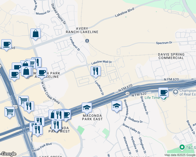 map of restaurants, bars, coffee shops, grocery stores, and more near 13535 Lyndhurst Street in Austin