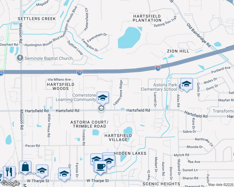 map of restaurants, bars, coffee shops, grocery stores, and more near 2308 Flint Run in Tallahassee