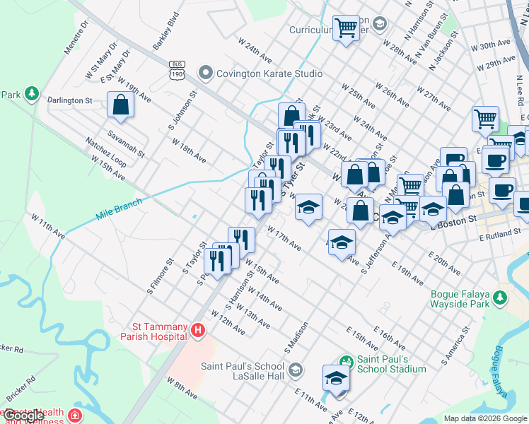 map of restaurants, bars, coffee shops, grocery stores, and more near 704 West 17th Avenue in Covington