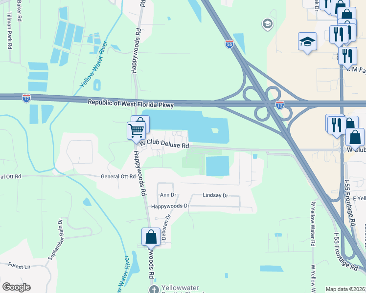map of restaurants, bars, coffee shops, grocery stores, and more near 14128 West Club Deluxe Road in Hammond