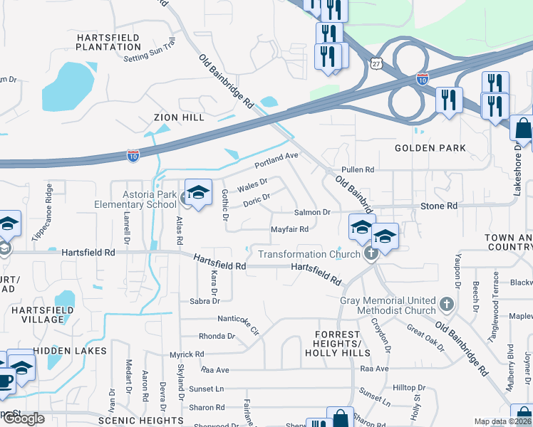 map of restaurants, bars, coffee shops, grocery stores, and more near 1819 Salmon Drive in Tallahassee