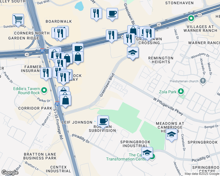 map of restaurants, bars, coffee shops, grocery stores, and more near 3451 Greenlawn Boulevard in Round Rock