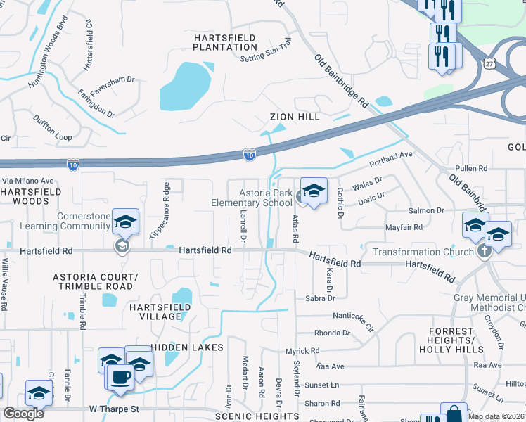map of restaurants, bars, coffee shops, grocery stores, and more near 2444 Talco Hills Drive in Tallahassee