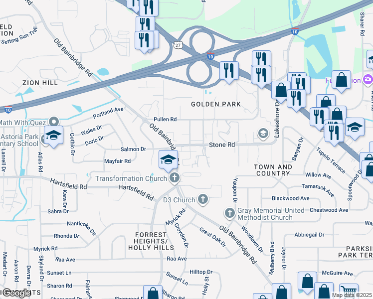 map of restaurants, bars, coffee shops, grocery stores, and more near 1571 Stone Road in Tallahassee