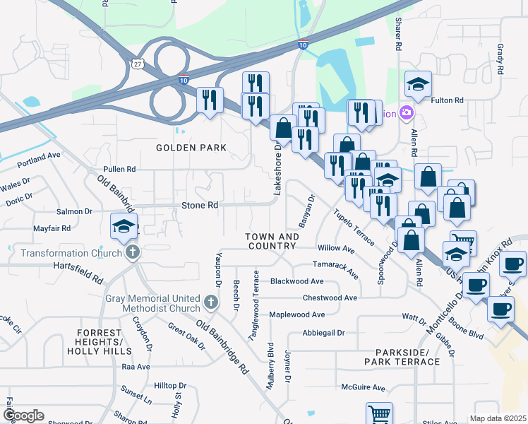 map of restaurants, bars, coffee shops, grocery stores, and more near 2419 Ramblewood Court in Tallahassee