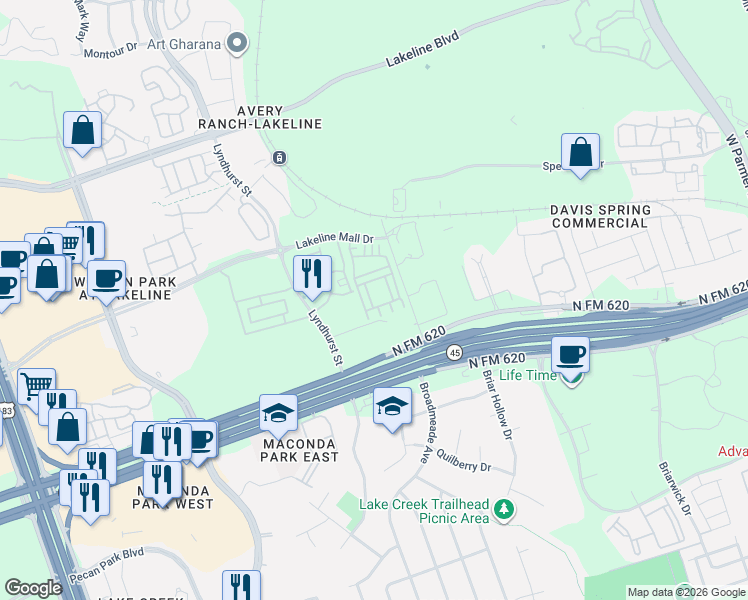 map of restaurants, bars, coffee shops, grocery stores, and more near 13504 Martin Scott Cove in Austin