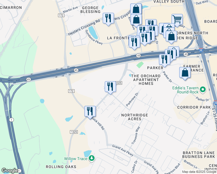 map of restaurants, bars, coffee shops, grocery stores, and more near 16403 Farm to Market Road 1325 in Austin
