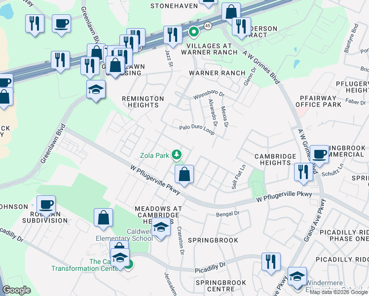 map of restaurants, bars, coffee shops, grocery stores, and more near 17410 Orwell Lane in Round Rock