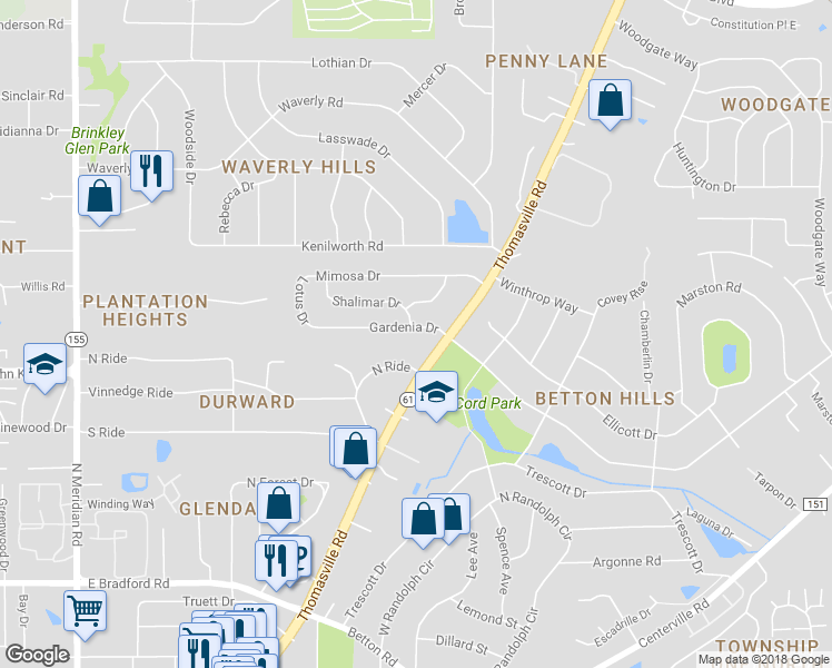 map of restaurants, bars, coffee shops, grocery stores, and more near 1201 Gardenia Drive in Tallahassee