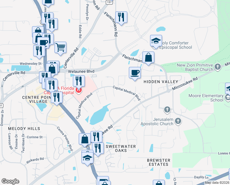map of restaurants, bars, coffee shops, grocery stores, and more near 1843 Fiddler Court in Tallahassee