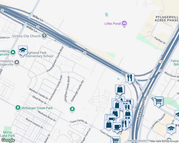 map of restaurants, bars, coffee shops, grocery stores, and more near 19379 Wilke Lane in Pflugerville