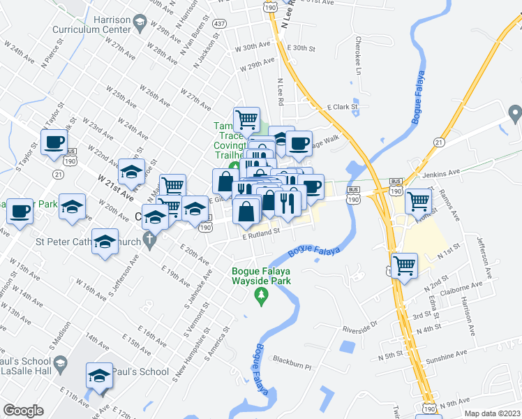 map of restaurants, bars, coffee shops, grocery stores, and more near 301 North Columbia Street in Covington