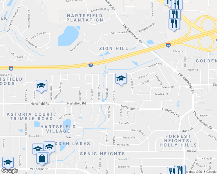 map of restaurants, bars, coffee shops, grocery stores, and more near 2477 Nugget Lane in Tallahassee