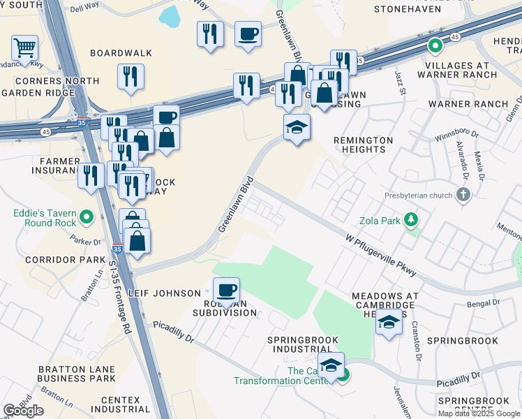 map of restaurants, bars, coffee shops, grocery stores, and more near 3451 Greenlawn Boulevard in Round Rock
