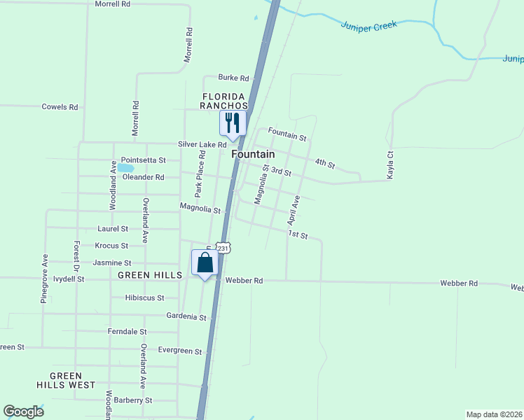 map of restaurants, bars, coffee shops, grocery stores, and more near 18106 Magnolia Street in Fountain