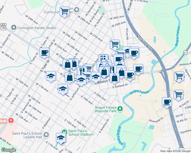 map of restaurants, bars, coffee shops, grocery stores, and more near 115 North Theard Street in Covington
