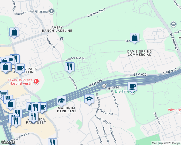map of restaurants, bars, coffee shops, grocery stores, and more near 13504 Martin Scott Cove in Austin