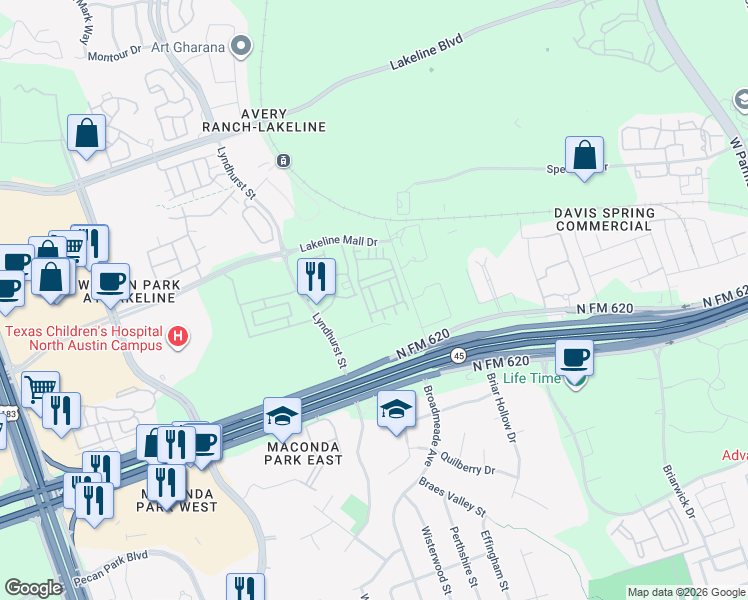map of restaurants, bars, coffee shops, grocery stores, and more near 13606 Cibolo Trace in Austin