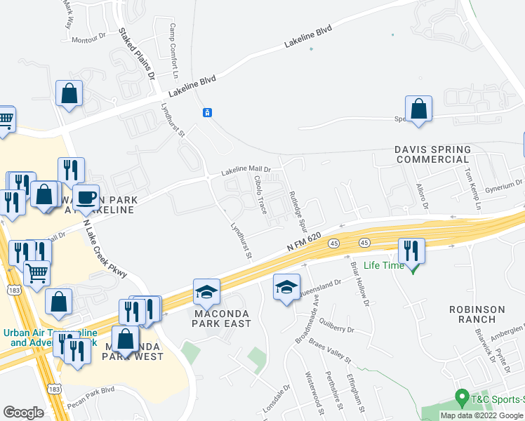 map of restaurants, bars, coffee shops, grocery stores, and more near 13606 Cibolo Trace in Austin
