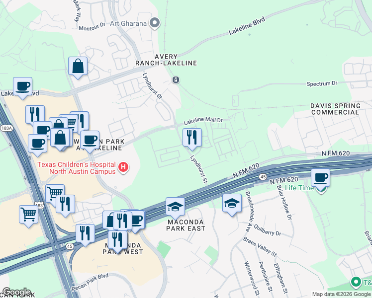 map of restaurants, bars, coffee shops, grocery stores, and more near 13500 Lyndhurst Street in Austin