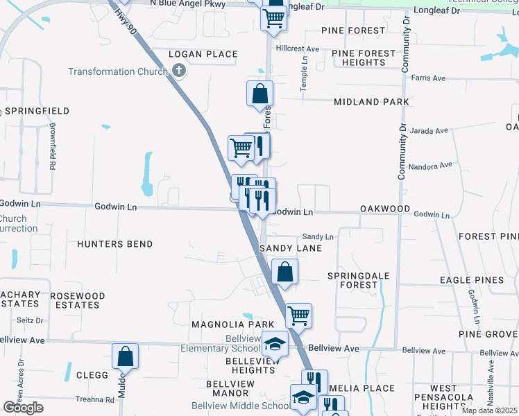 map of restaurants, bars, coffee shops, grocery stores, and more near 3098 Godwin Lane in Bellview