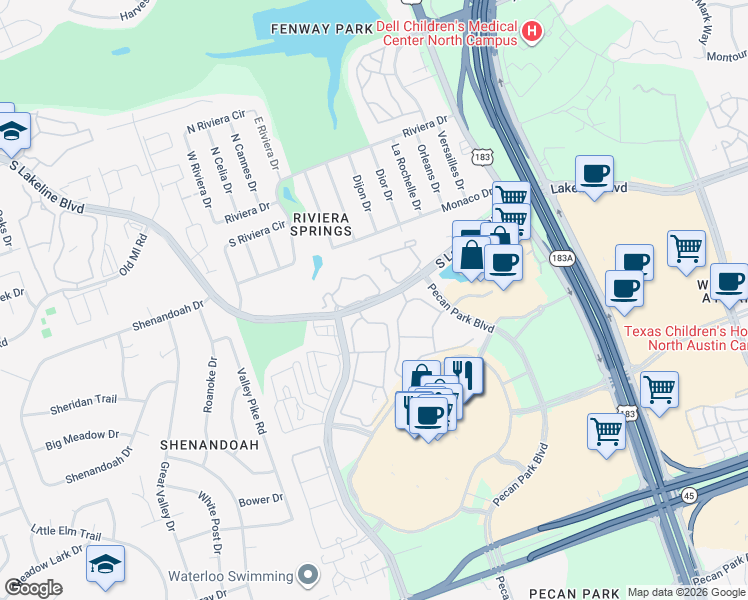 map of restaurants, bars, coffee shops, grocery stores, and more near 2808 South Lakeline Boulevard in Cedar Park