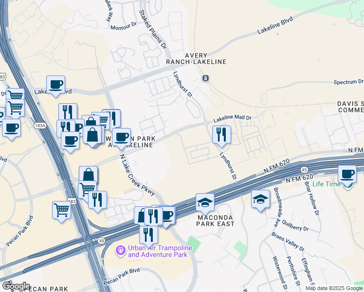 map of restaurants, bars, coffee shops, grocery stores, and more near 10520 Lakeline Mall Drive in Austin