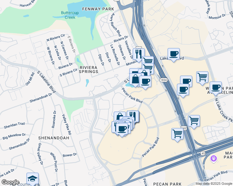 map of restaurants, bars, coffee shops, grocery stores, and more near 2829 South Lakeline Boulevard in Cedar Park
