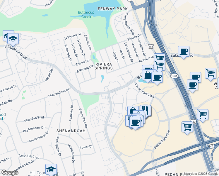map of restaurants, bars, coffee shops, grocery stores, and more near 2801 South Lakeline Boulevard in Cedar Park