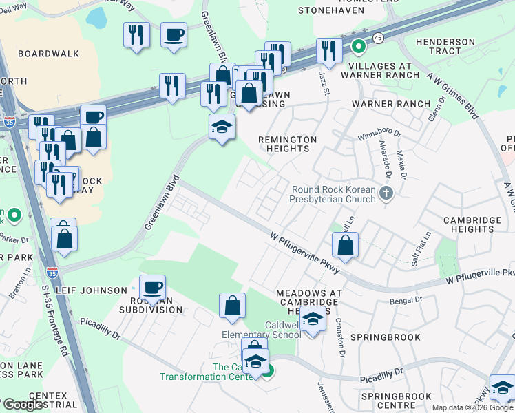 map of restaurants, bars, coffee shops, grocery stores, and more near 2001 West Pflugerville Parkway in Round Rock