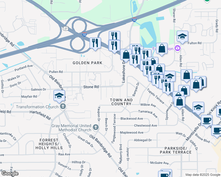 map of restaurants, bars, coffee shops, grocery stores, and more near 2492 Wren Hollow Drive in Tallahassee