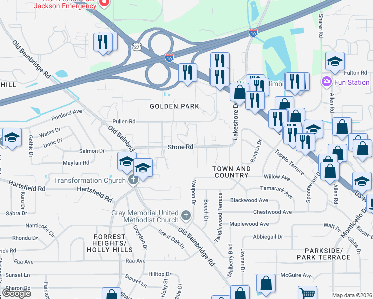 map of restaurants, bars, coffee shops, grocery stores, and more near 1413 Stone Road in Tallahassee