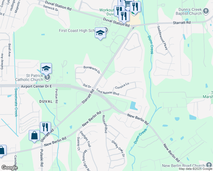 map of restaurants, bars, coffee shops, grocery stores, and more near 813 Corsica Lane in Jacksonville