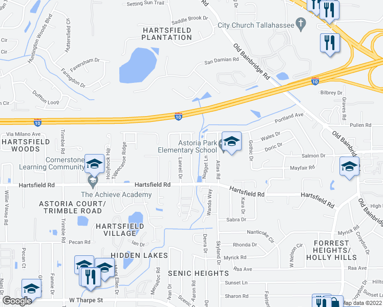map of restaurants, bars, coffee shops, grocery stores, and more near 2454 Talco Hills Drive in Tallahassee