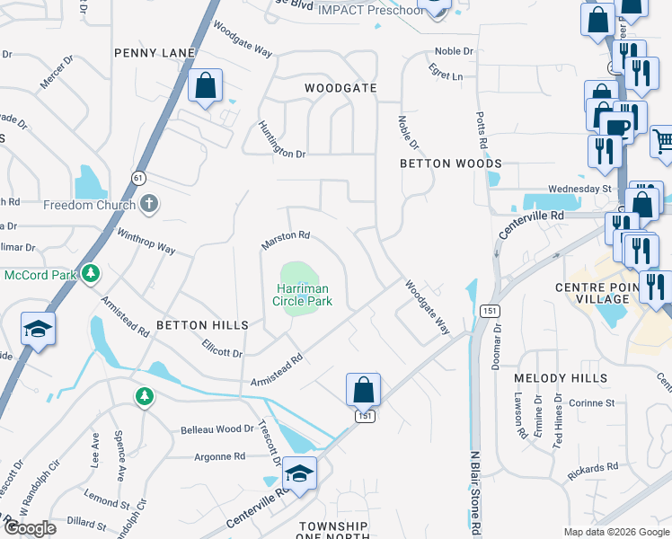 map of restaurants, bars, coffee shops, grocery stores, and more near 2609 Marston Road in Tallahassee